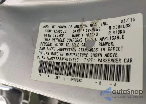 2015 Honda Accord Lx from USA, damaged, VIN 1HGCR2F35FA127623